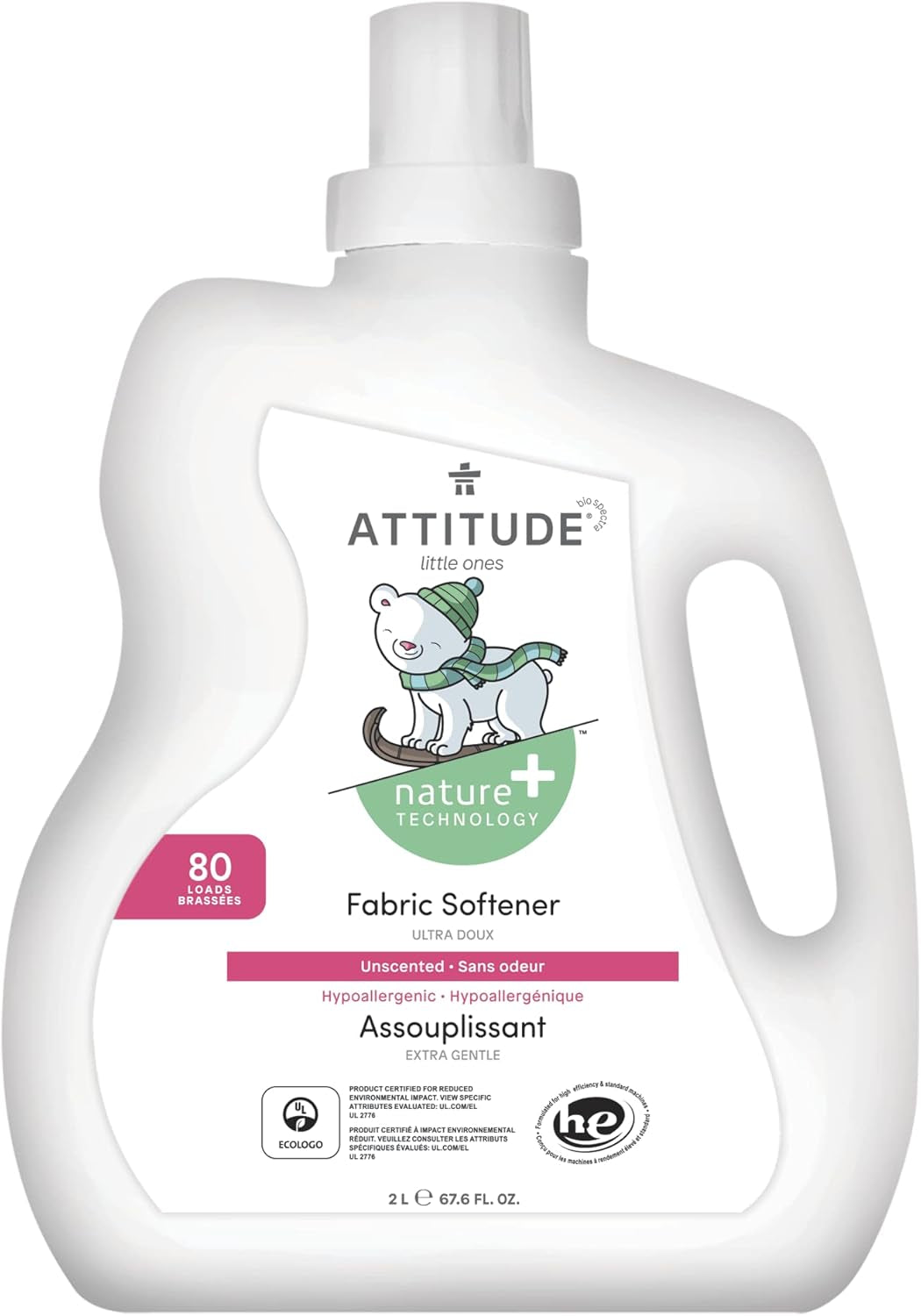 ATTITUDE Baby Fabric Softener, Plant and Mineral-Based Ingredients, HE Compatible, Vegan and Cruelty-Free Laundry and Household Products, Unscented, 80 Loads, 67.6 Fl Oz