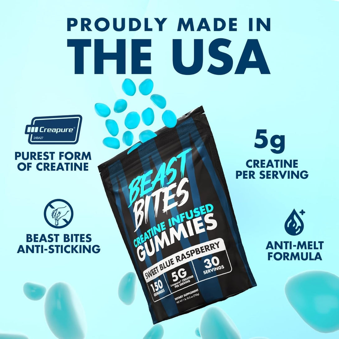 Creatine Gummies - 5G Creatine Monohydrate per Serving - Low-Calorie & Vegan - Made in the USA - Blue Raspberry Flavor - 30 Servings