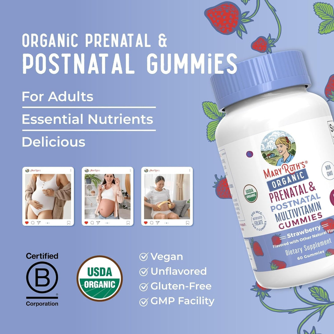 Maryruth Organics Prenatal Vitamins for Women | USDA Organic Prenatal Gummies | Postnatal Vitamins for Women Breastfeeding | Methylfolate 800 Mcg DFE | Iodine | Vegan | Non GMO | 30 Servings