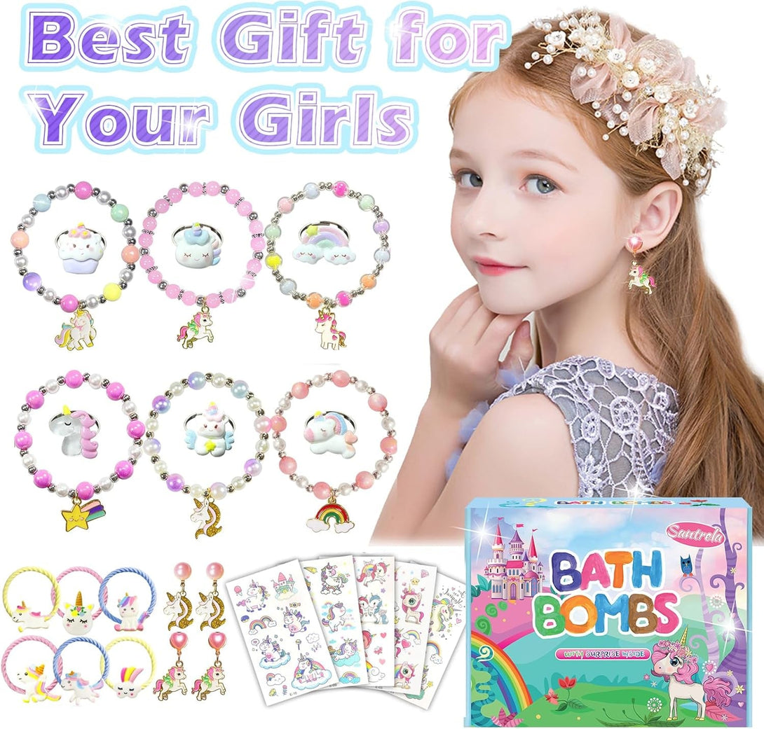 Unicorn Bath Bombs for Kids Girls with Surprise Toys Inside, 20 Pack Handmade Bubble Spa Bath Bombs Gift Set for Girls with Jewelry Toys Inside, Birthday Mothers Day Gifts for Daughter Wife